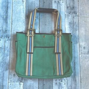 Rafe bag green with leather trim, tan blue and brown stripe handle gold buckle